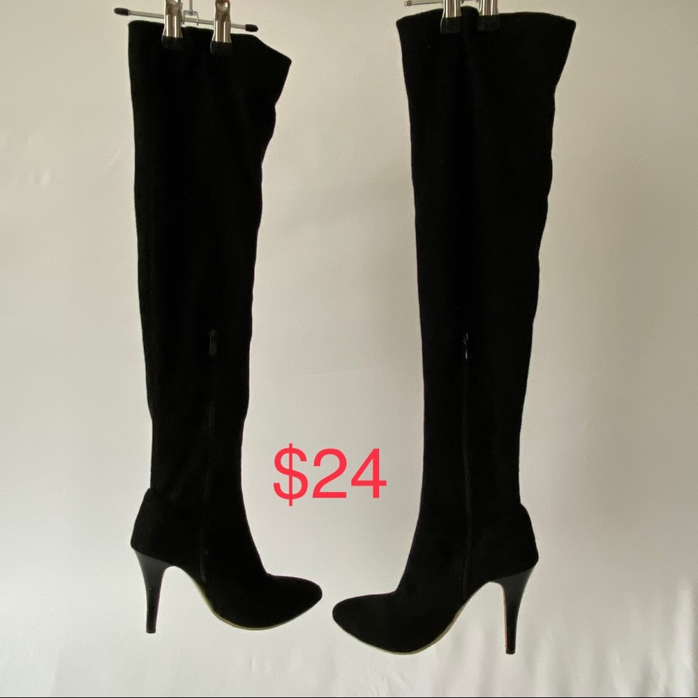 Boots, black suede, over knee, 2.5” heel, size 38/ US 8